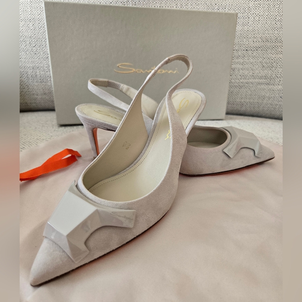 SANTONI SIZE 37 Made In Italy🌍 3"/8cm Heels Women's Silver Slingback Shoes - Picture 2 of 13